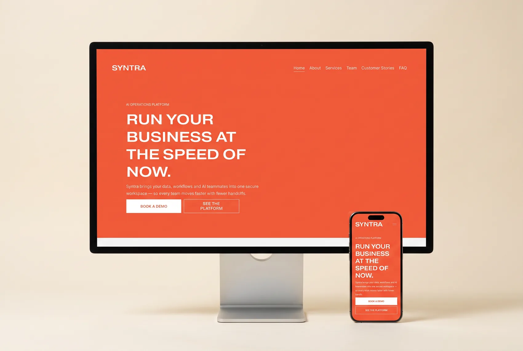 Syntra Squarespace template shown on desktop and mobile — a coral SaaS homepage with the headline &lsquo;Run your business at the speed of now&rsquo;