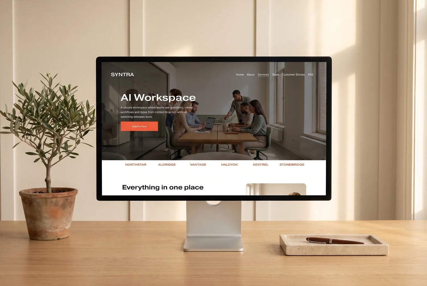 Syntra template AI Workspace service page on a large display — &lsquo;A secure workspace where teams ask questions, create workflows and move from context to action&rsquo;