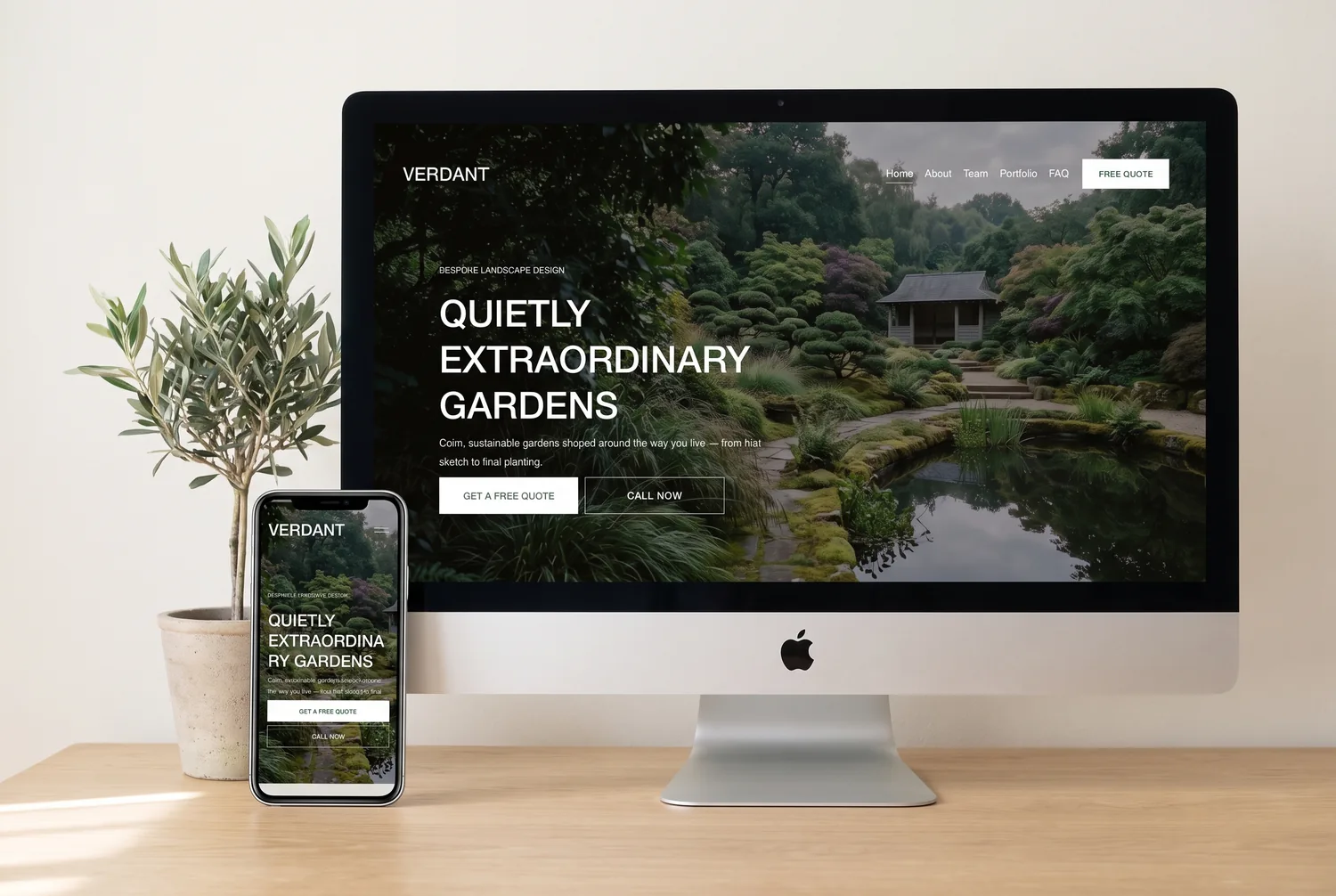The Verdant template homepage on a desktop monitor and iPhone side by side &mdash; the same lush garden hero on both screens