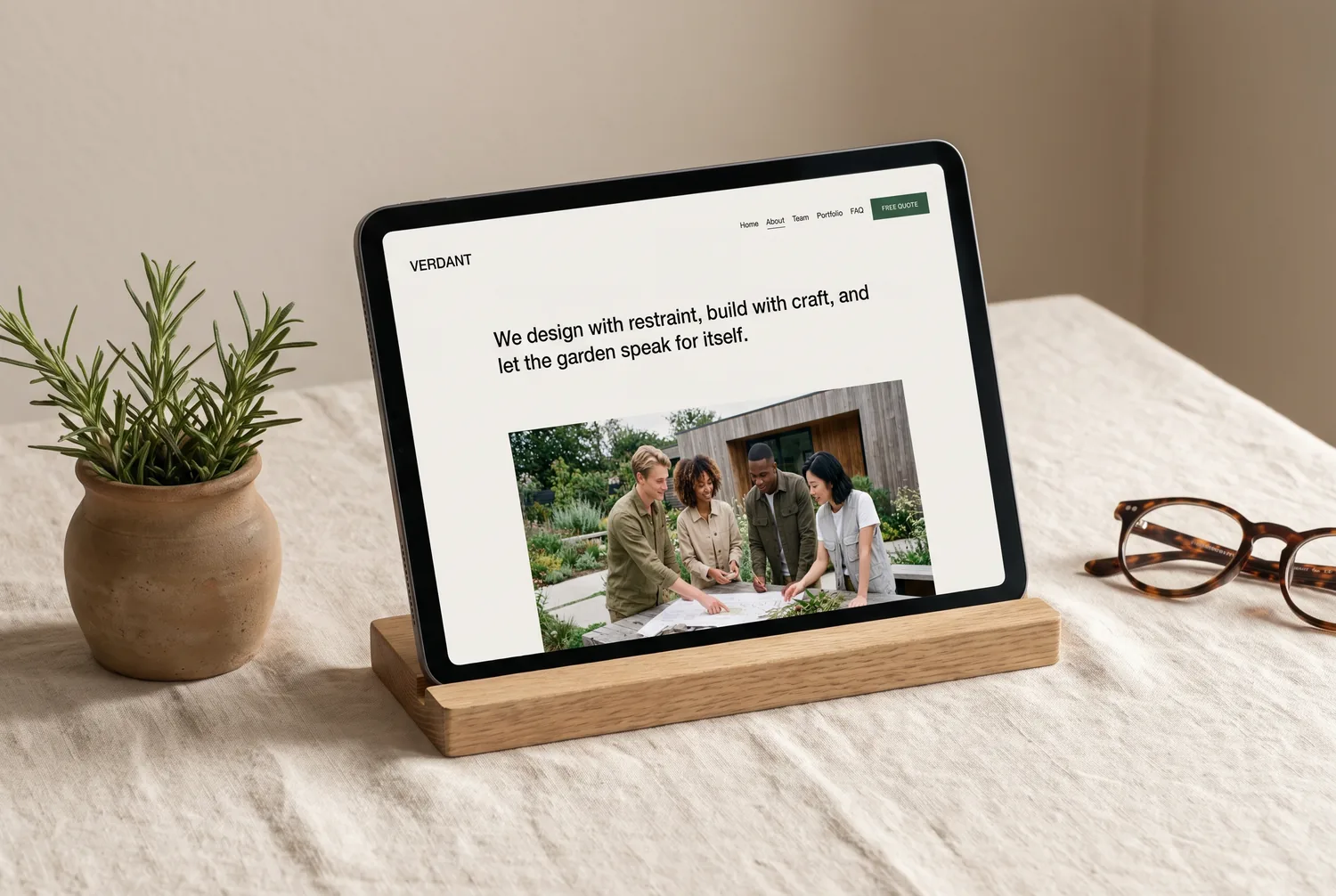 The Verdant template about page on a tablet — &lsquo;We design with restraint, build with craft, and let the garden speak for itself&rsquo;