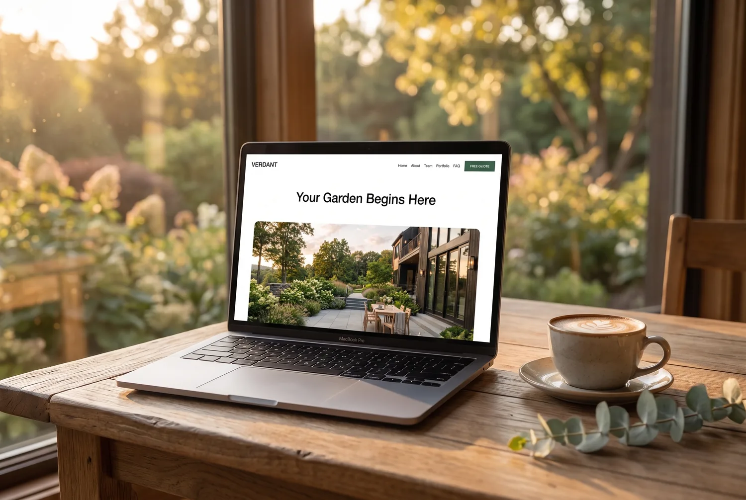Verdant template quote-request page on a laptop — &lsquo;Your Garden Begins Here&rsquo; with a project enquiry form