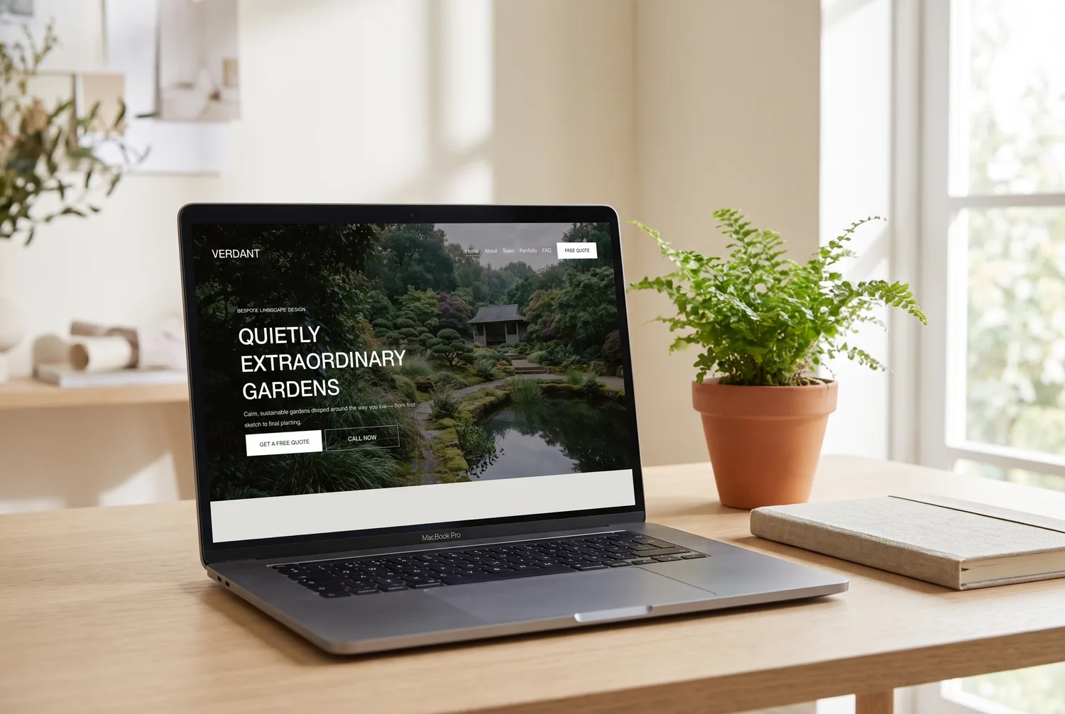 The Verdant template homepage on a laptop — a lush garden photograph with the headline &lsquo;Quietly extraordinary gardens&rsquo;