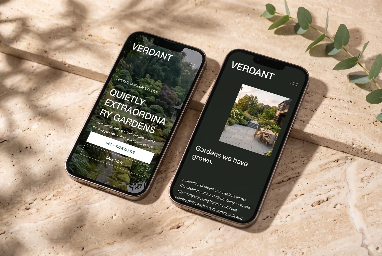 Two iPhones on warm stone showing the Verdant template&rsquo;s mobile homepage and portfolio page
