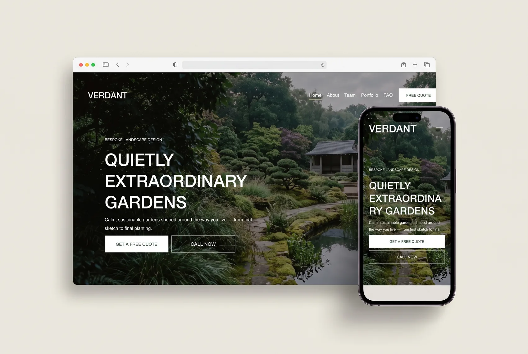 Verdant Squarespace template shown on desktop and mobile — a landscaping company homepage with a lush garden photograph and the headline &lsquo;Quietly extraordinary gardens&rsquo;