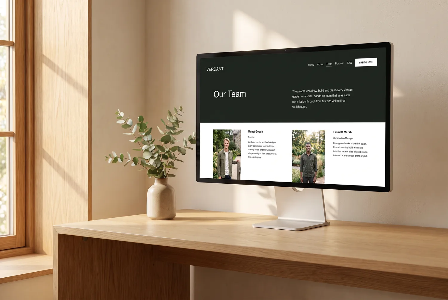 Verdant template team page on a large display — &lsquo;Our Team&rsquo; with practitioner profiles over a deep green header