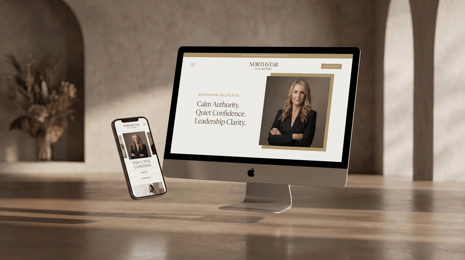Premium Squarespace website design displayed on a desktop monitor and phone in a warm, minimal studio