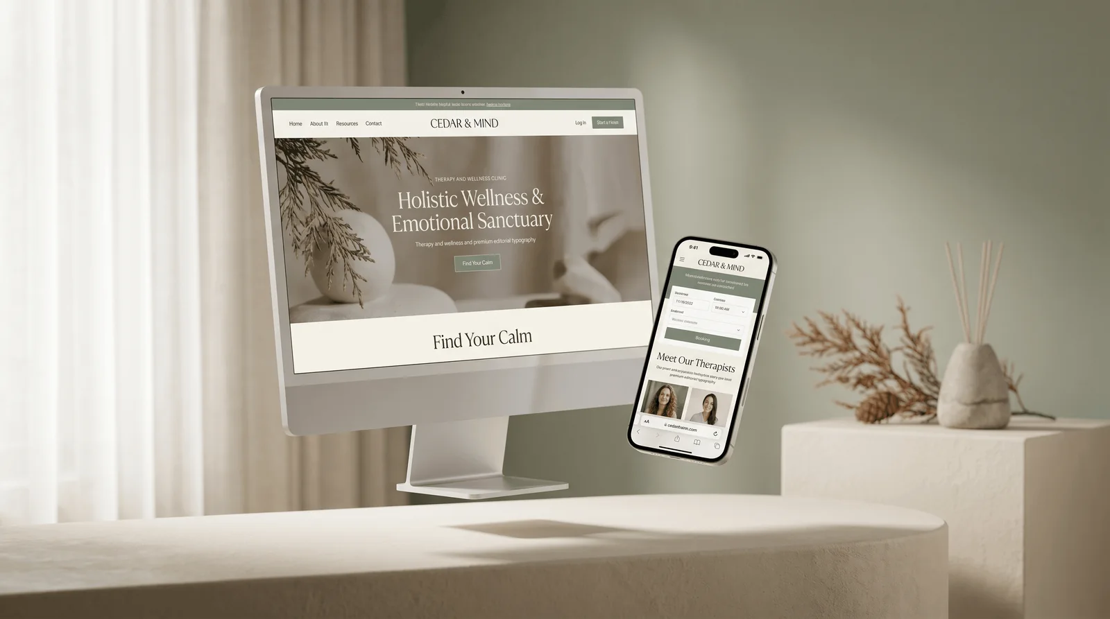 Premium Squarespace website design displayed on a desktop monitor and phone in a warm, minimal studio