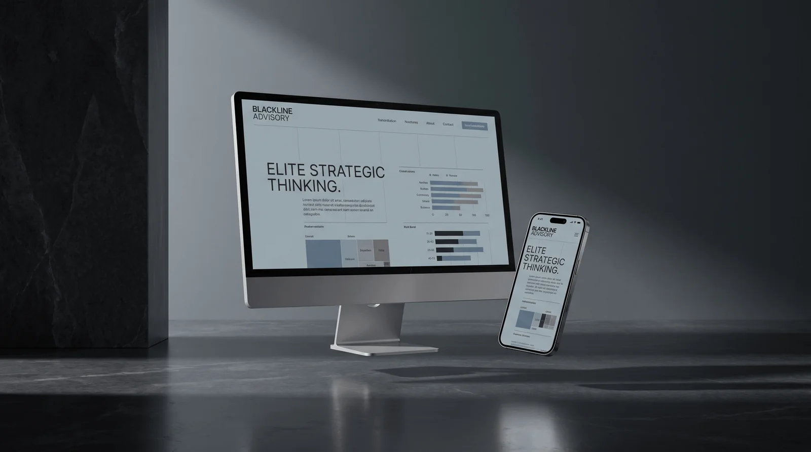 Premium Squarespace website design displayed on a desktop monitor and phone in a warm, minimal studio
