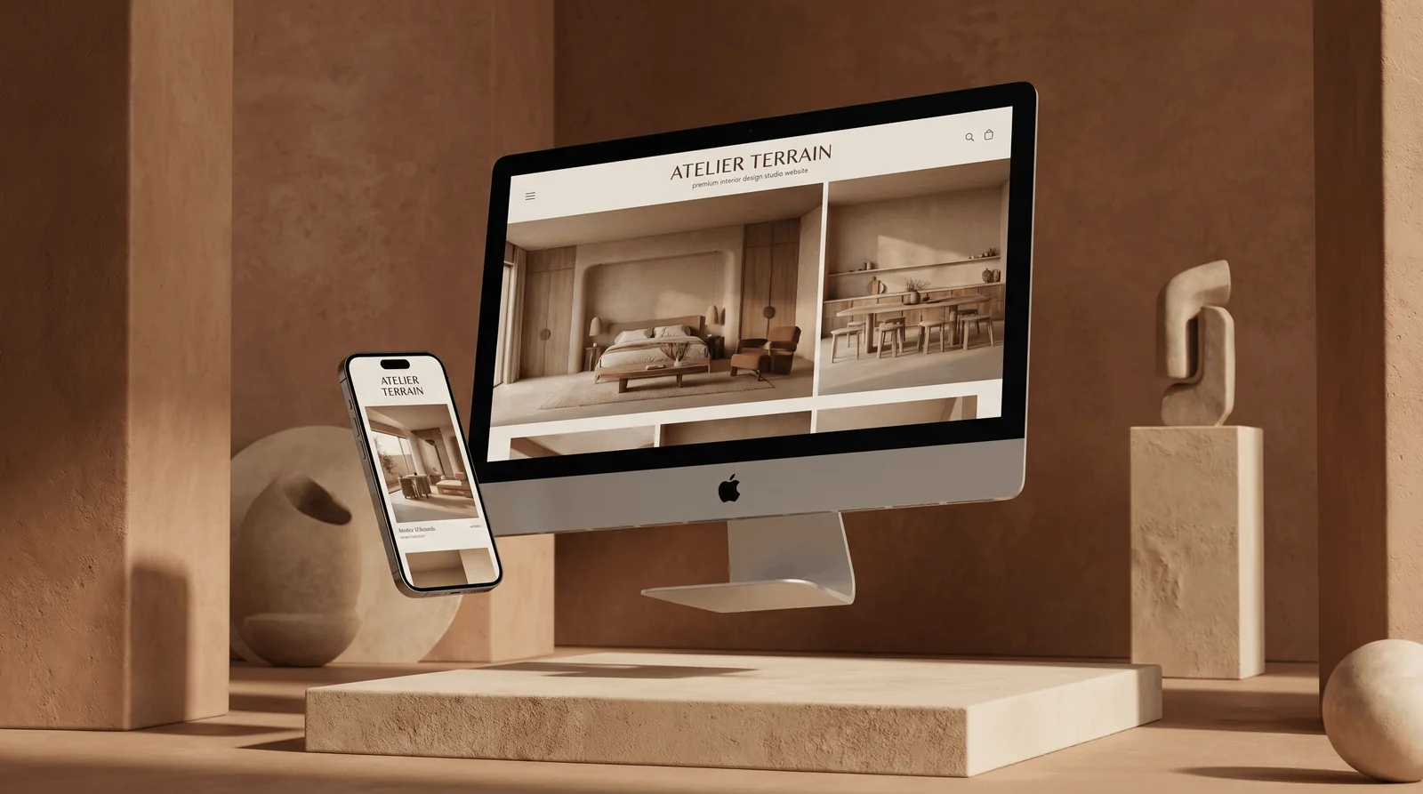 Premium Squarespace website design displayed on a desktop monitor and phone in a warm, minimal studio