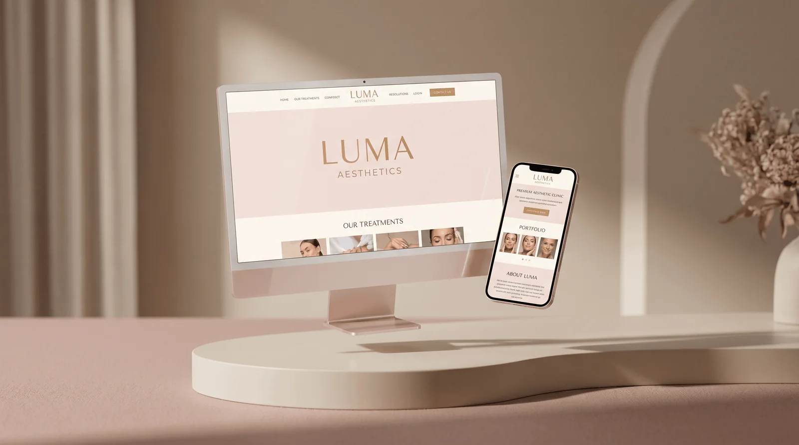 Premium Squarespace website design displayed on a desktop monitor and phone in a warm, minimal studio