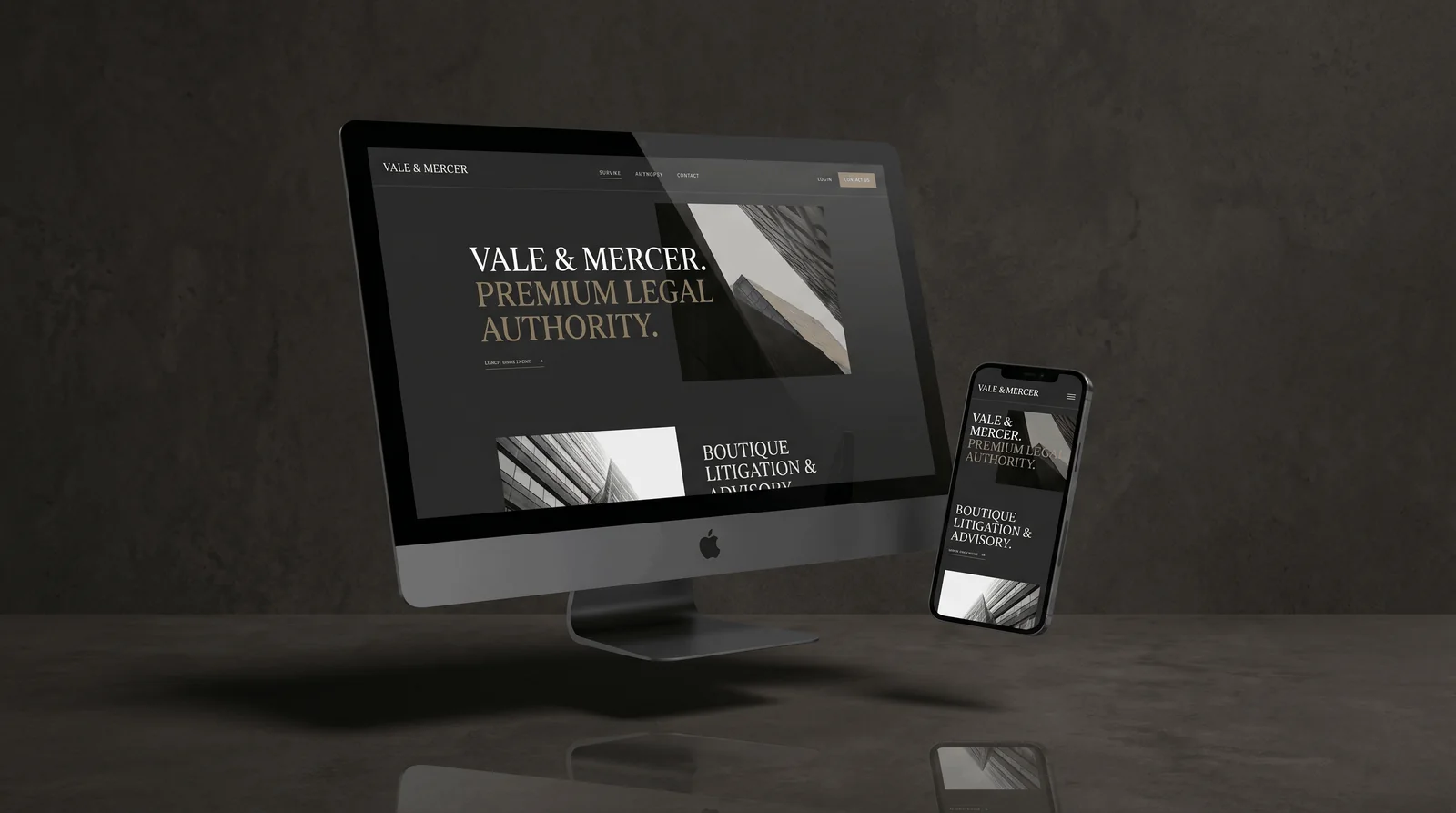 Premium Squarespace website design displayed on a desktop monitor and phone in a warm, minimal studio