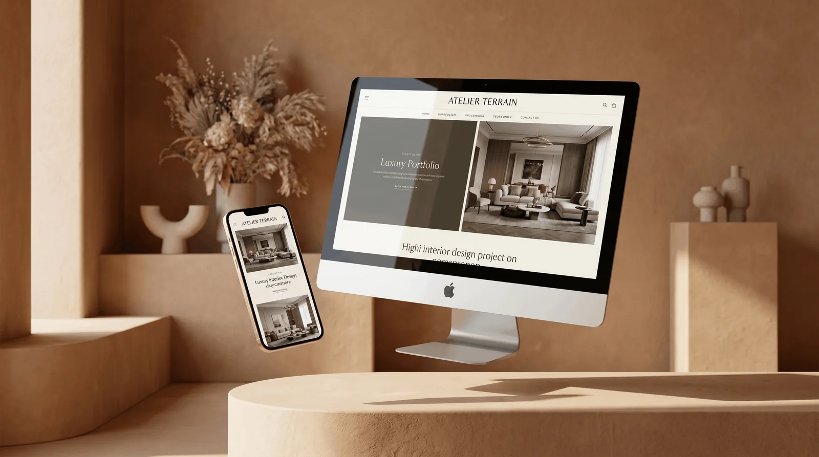 Premium Squarespace website design displayed on a desktop monitor and phone in a warm, minimal studio