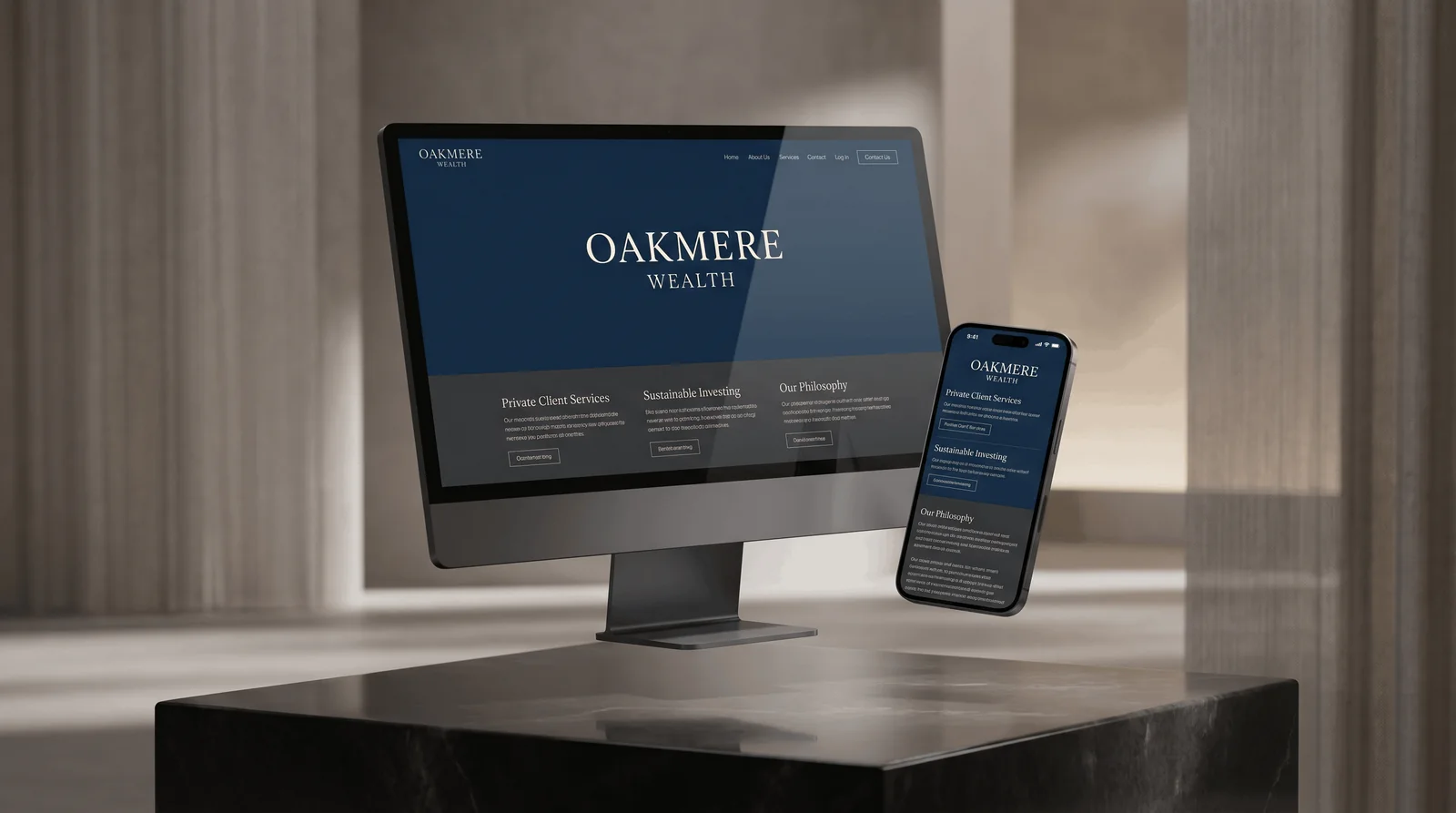 Premium Squarespace website design displayed on a desktop monitor and phone in a warm, minimal studio