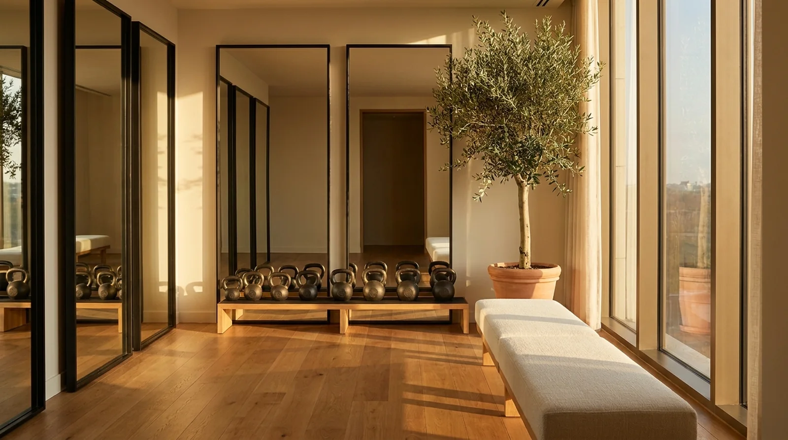 The interior of a premium boutique health club at golden hour with warm oak floors, mirrors, neatly arranged kettlebells and an olive tree by a tall window