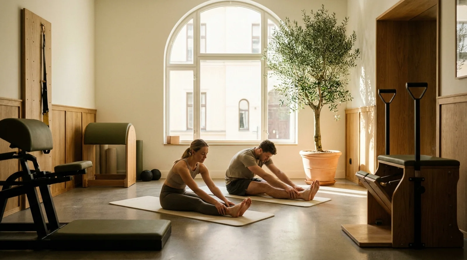 The interior of a premium boutique health club with members training calmly amid oak and matte-black equipment
