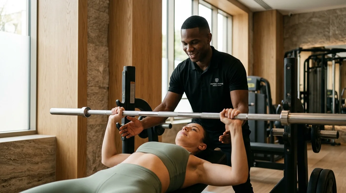 A trainer spotting a member in a premium boutique gym