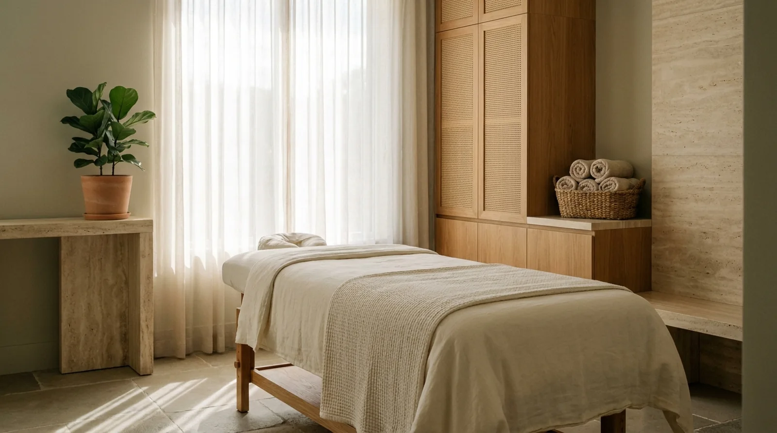A calm, premium massage and wellness treatment room with an ivory linen-draped table, oak cabinetry and soft morning light