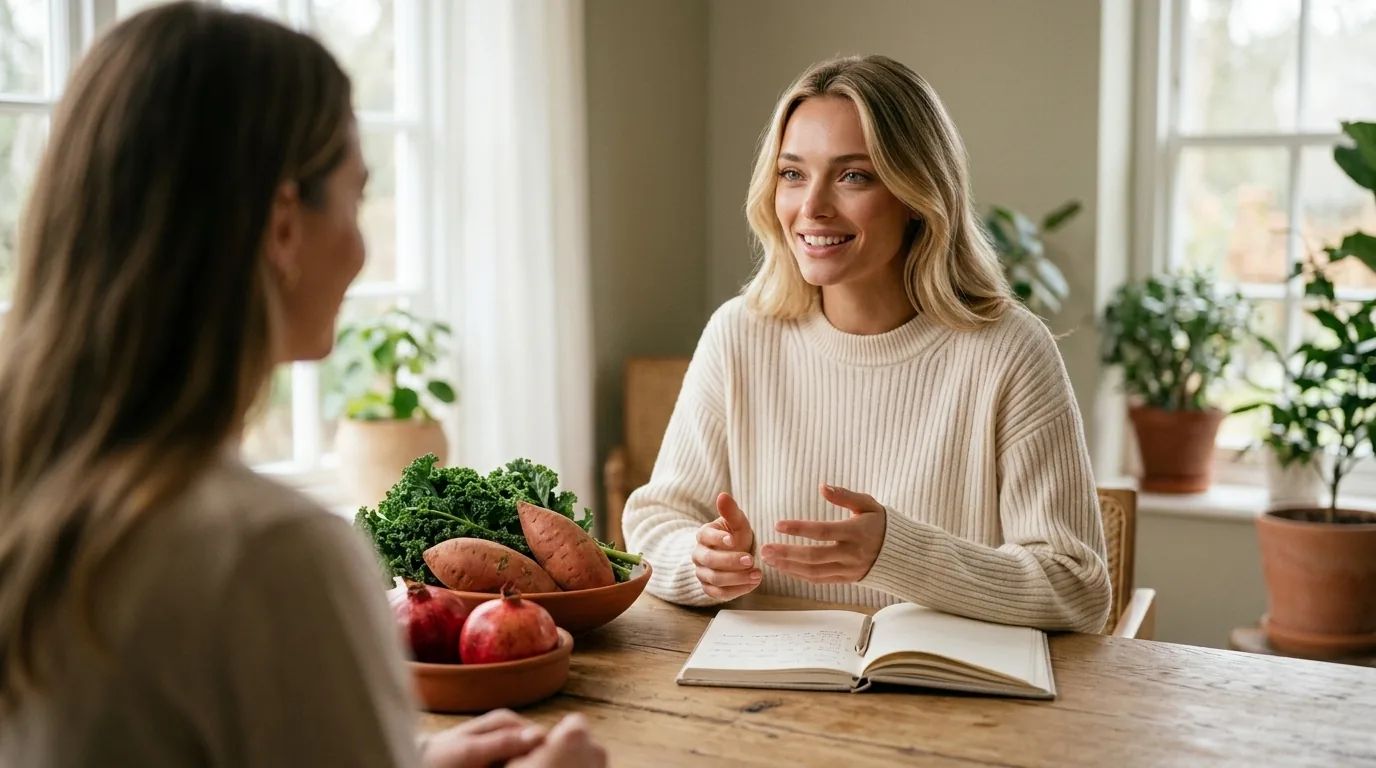 A nutritionist talking with a client over fresh seasonal produce