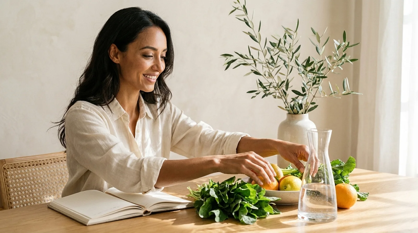 A registered nutritionist arranging fresh seasonal produce and water at a sunlit oak table beside an open notebook