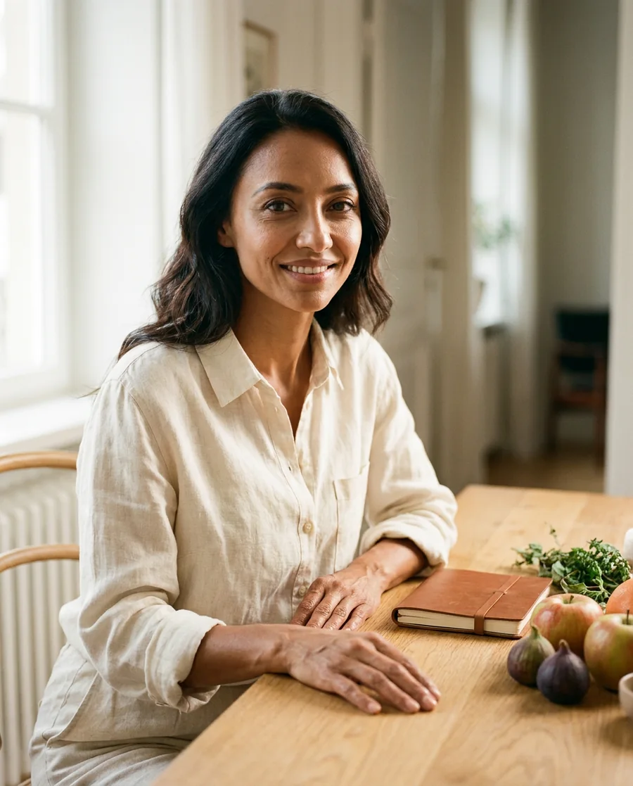 A registered nutritionist, a warm credible portrait at a sunlit oak table with fresh produce