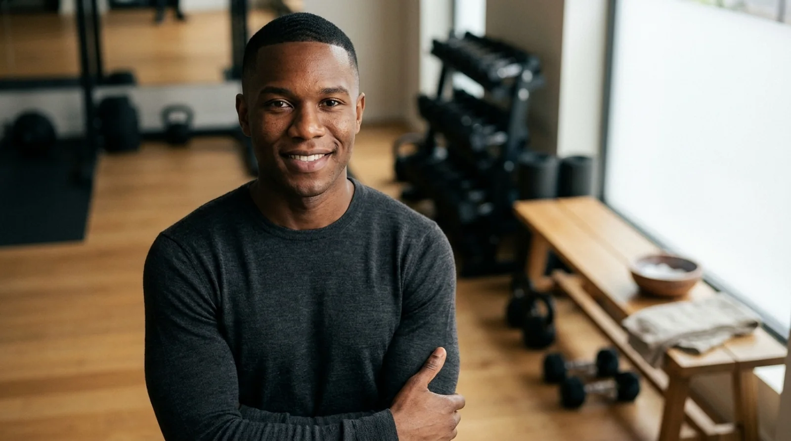 A composed personal trainer in a warm, premium private training studio with oak floors and matte-black equipment