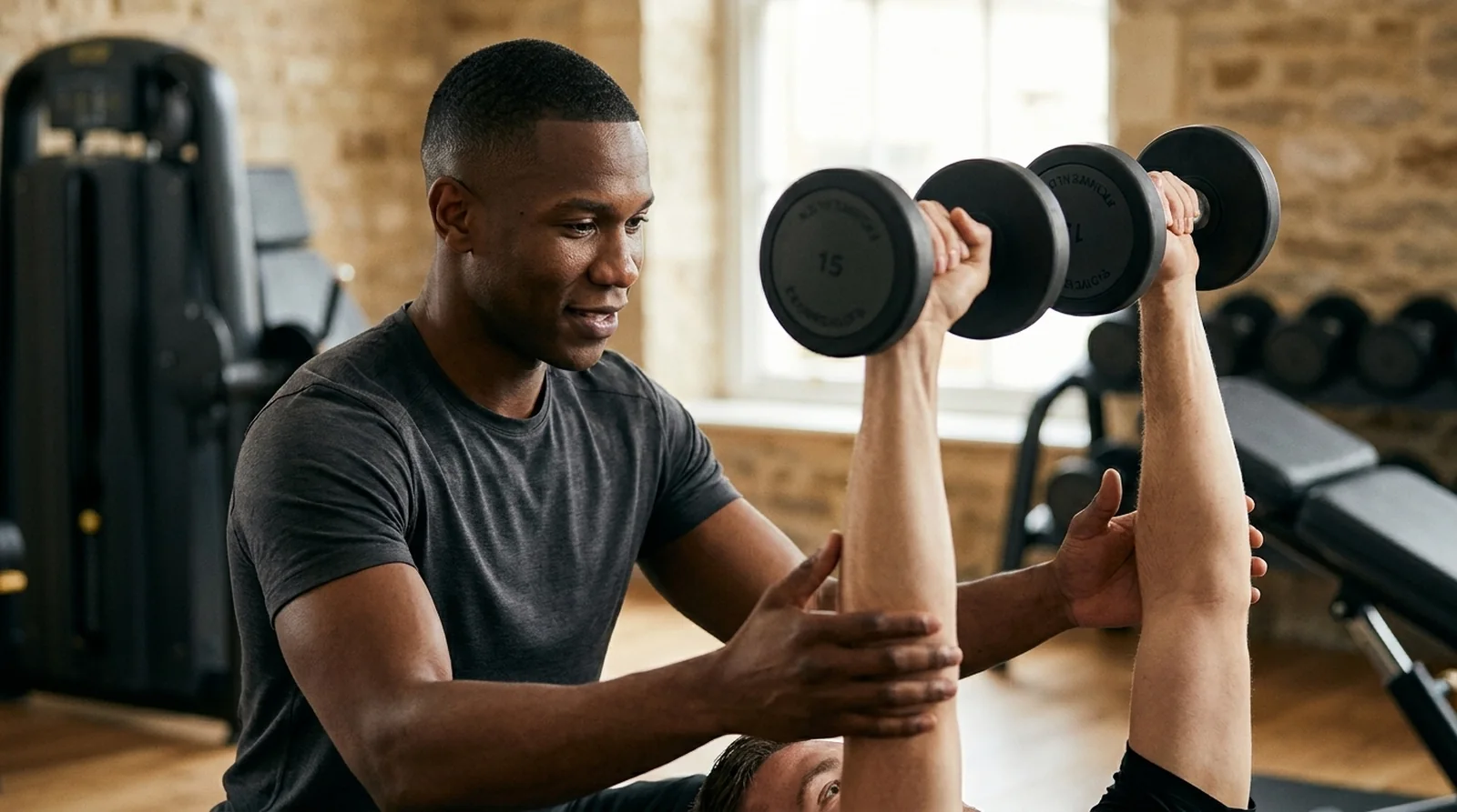 A personal trainer actively coaching a client through a movement in a warm premium private gym