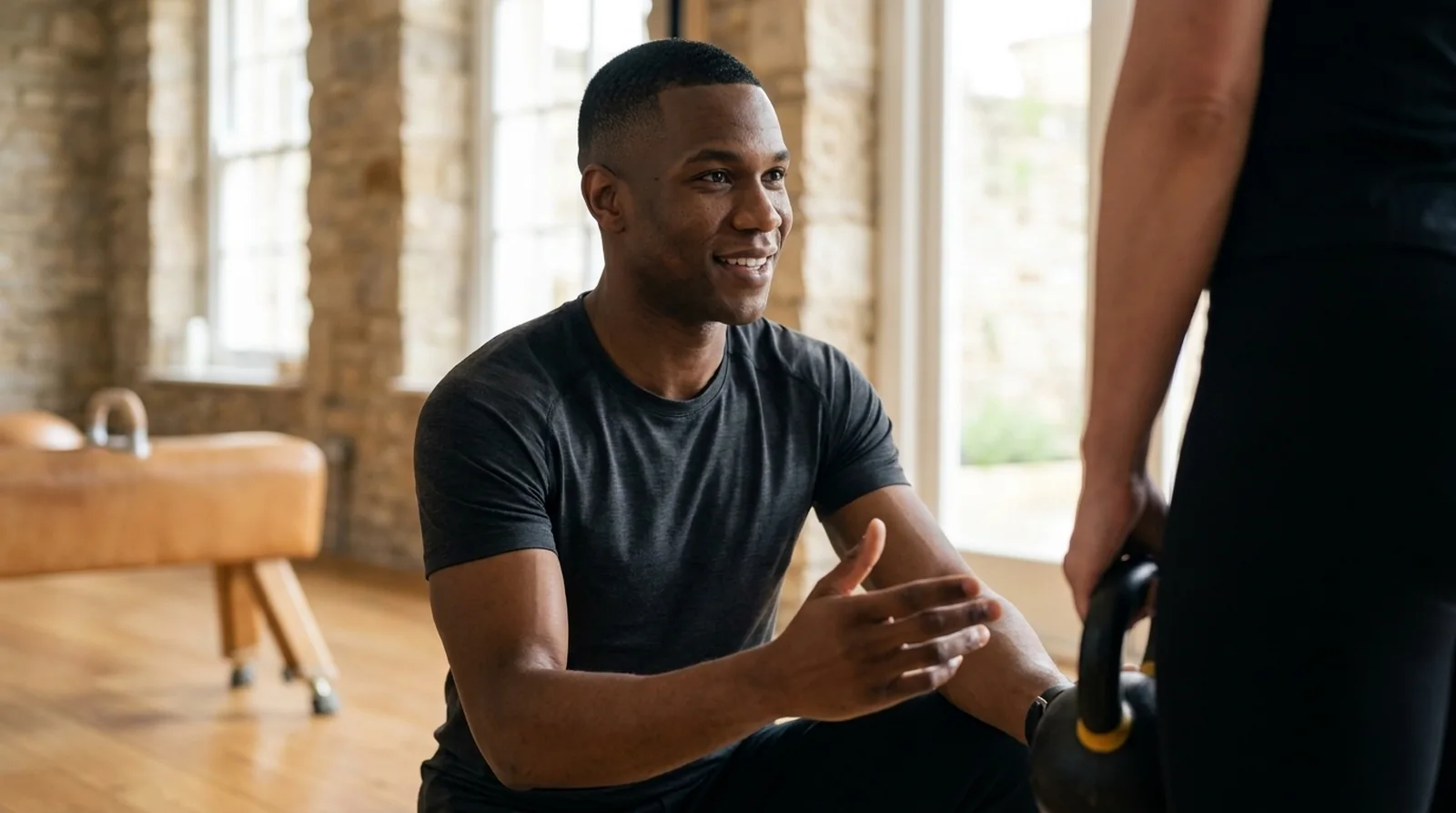 A personal trainer guiding a client through a kettlebell exercise in a bright premium training studio