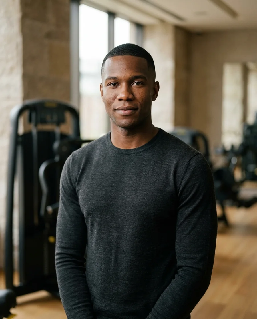 A personal trainer, a calm confident portrait in a warm premium private gym