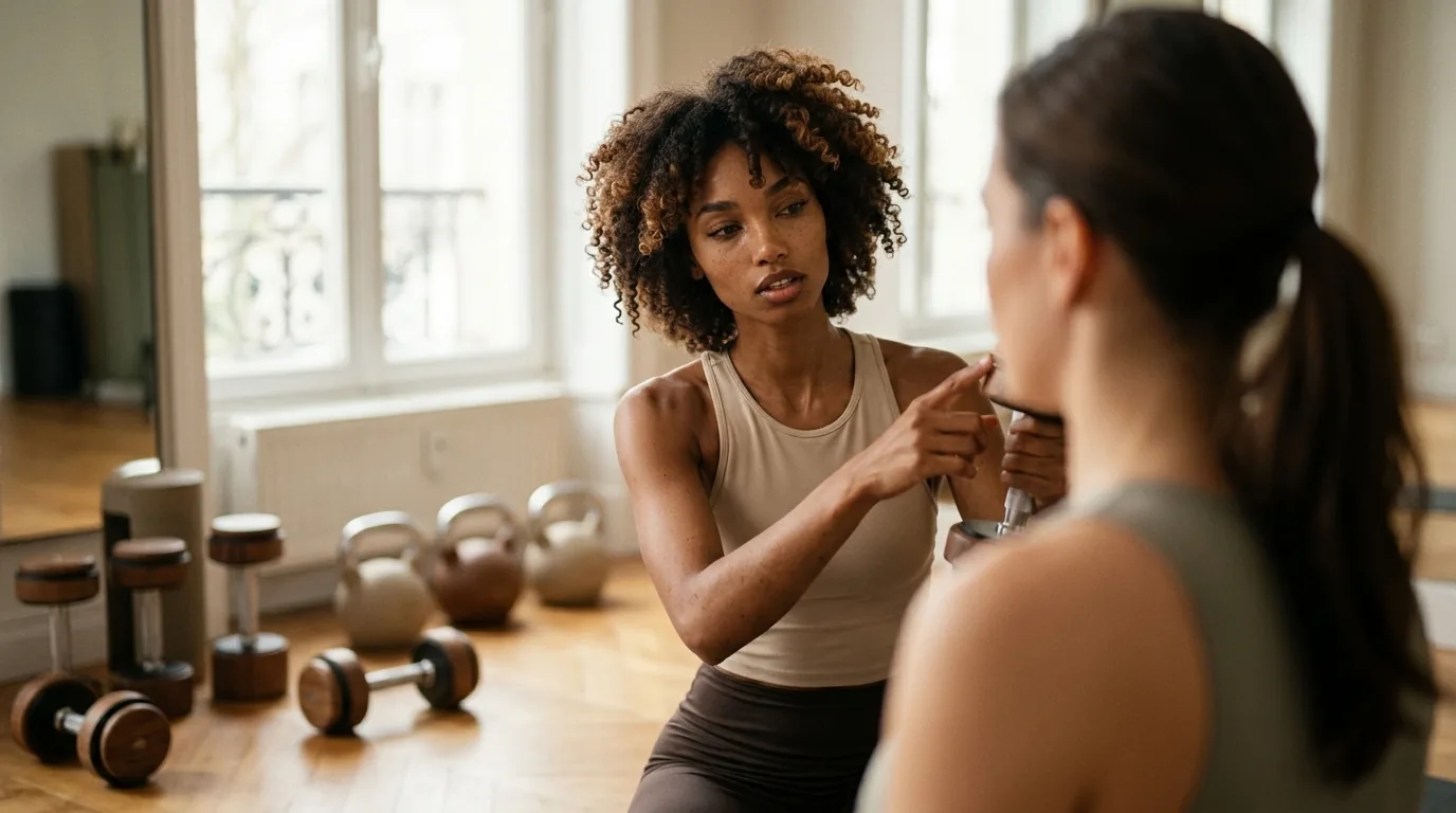 A personal trainer coaching a client in a private studio