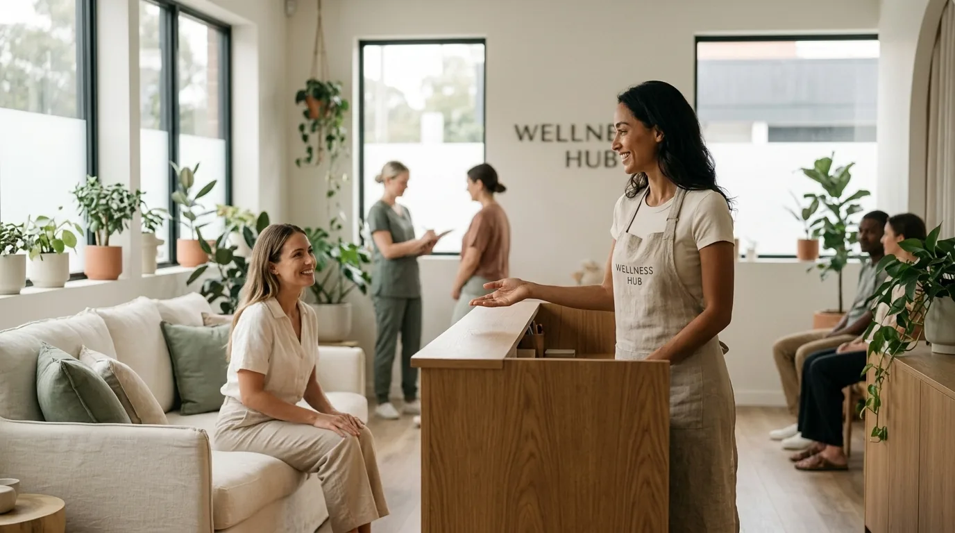 A wellness practitioner greeting a client at the studio
