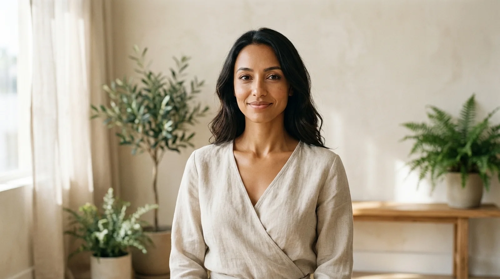 A warm wellness practitioner standing calmly in a serene, sunlit wellness studio with plants and natural textures