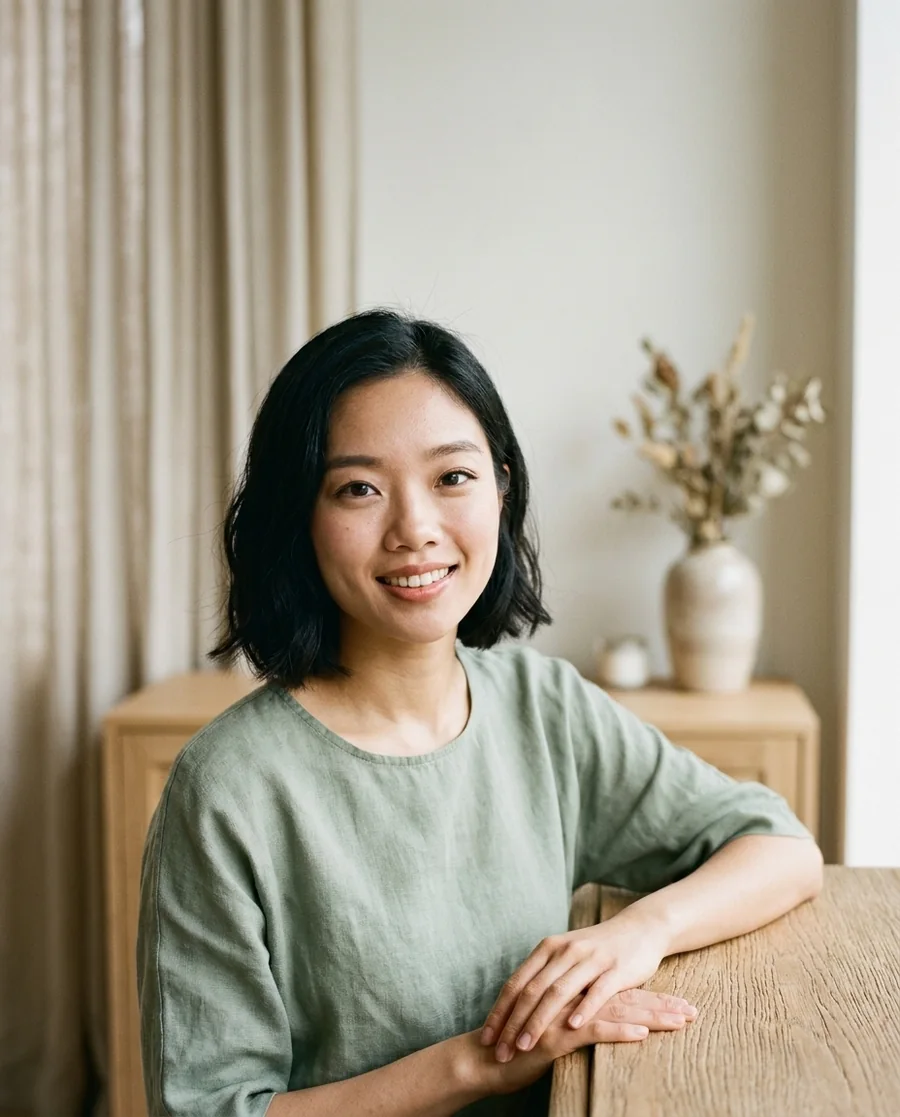 A warm wellness practitioner, a calm welcoming portrait in a bright minimalist wellness studio