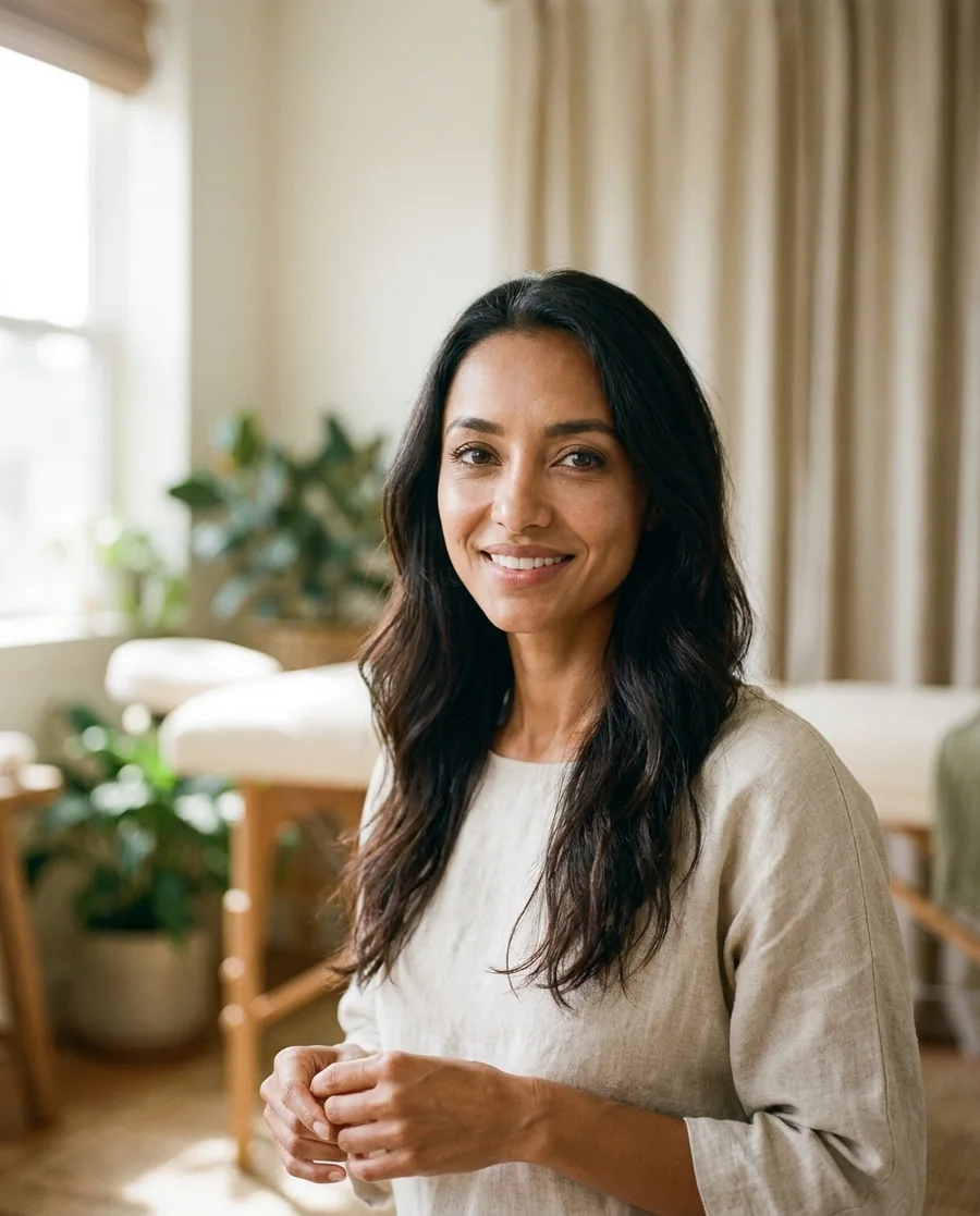 A warm wellness practitioner, a calm reassuring portrait in a serene sunlit treatment space