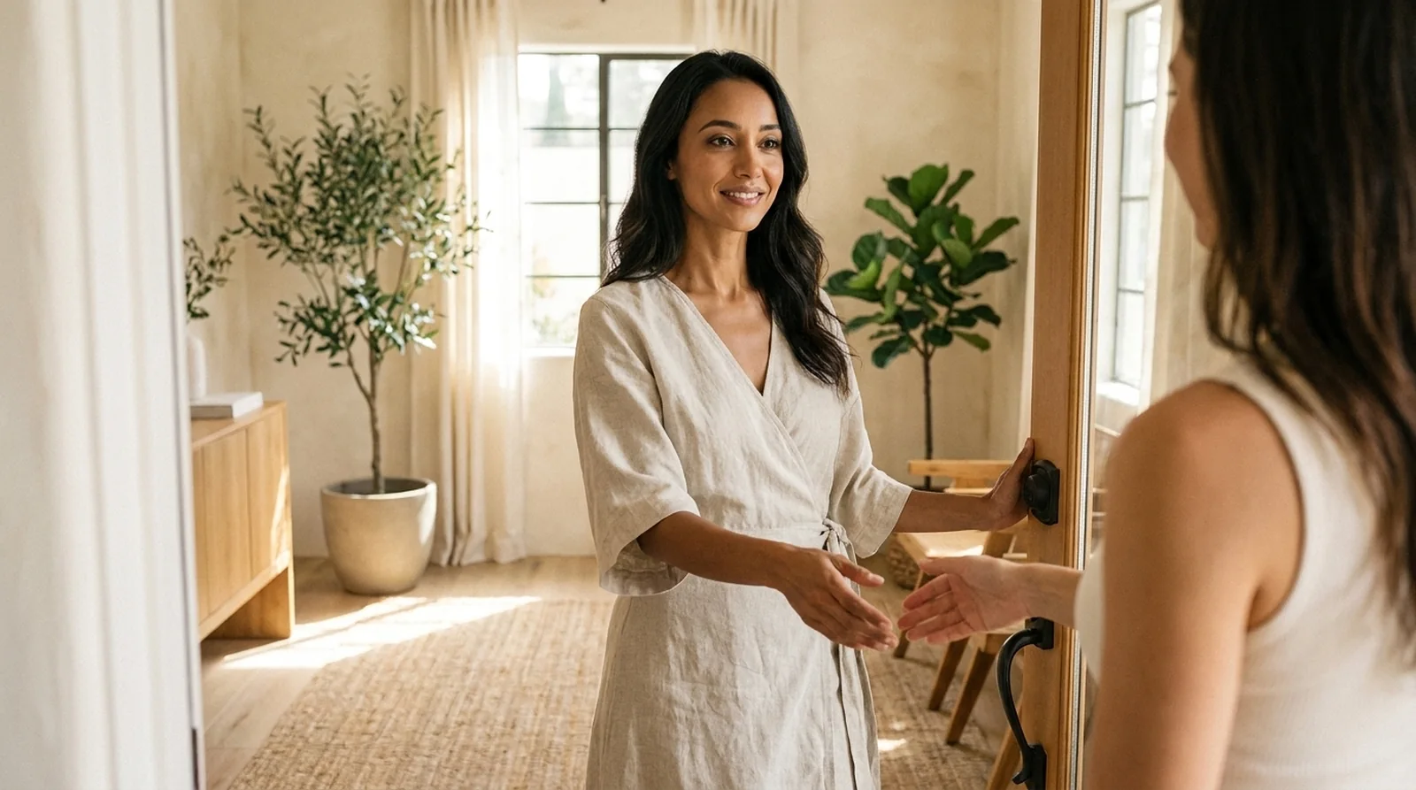 A wellness practitioner warmly welcoming a client at the doorway of a serene sunlit wellness studio