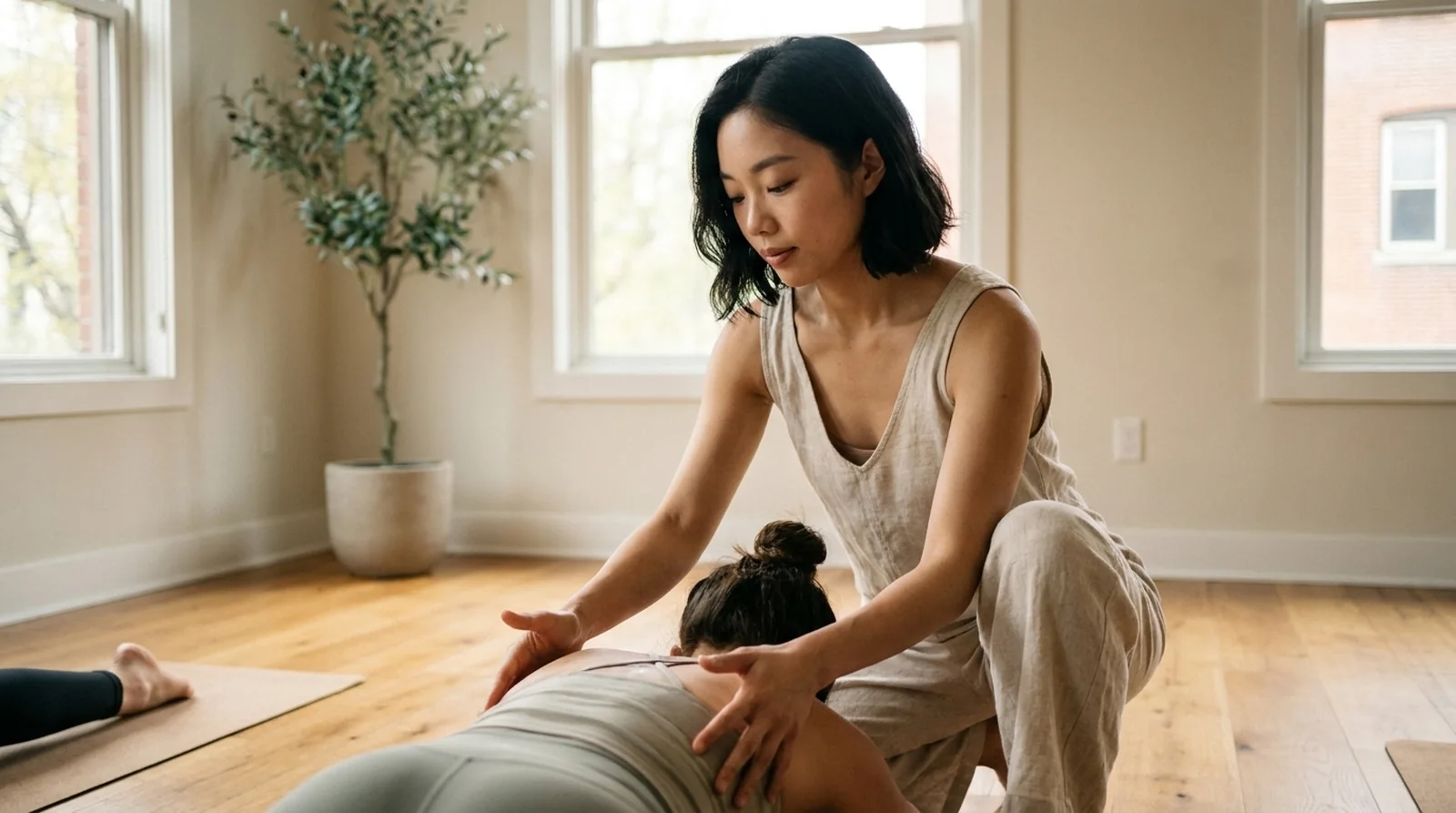 A yoga and Pilates instructor gently guiding a student's posture in a sunlit minimalist studio