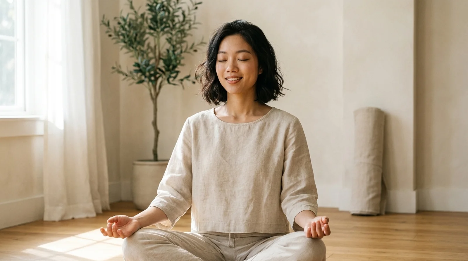 A yoga and Pilates instructor seated in calm meditation in a sunlit minimalist studio with warm oak floors and an olive tree