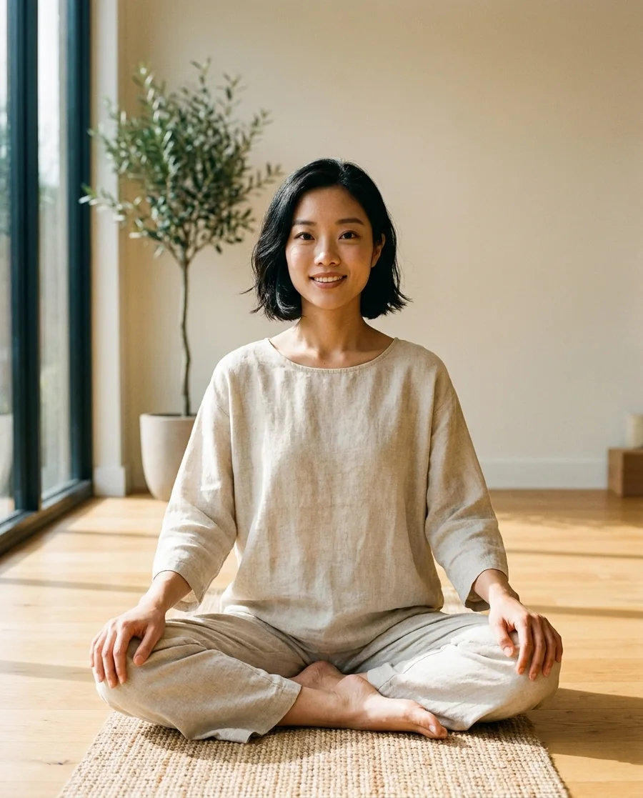 A yoga and Pilates instructor, a calm centred portrait in a sunlit minimalist studio