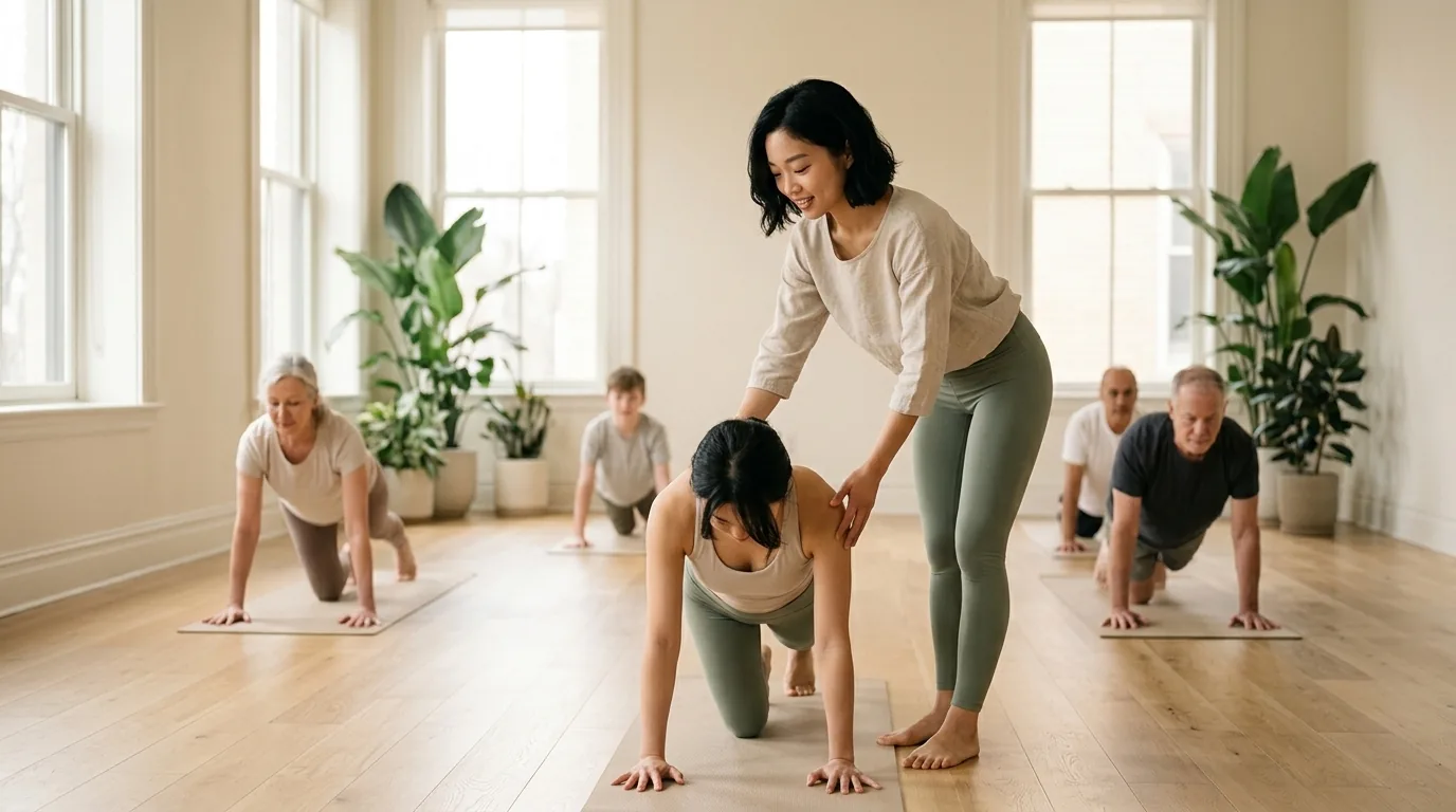 A yoga instructor guiding a calm studio class