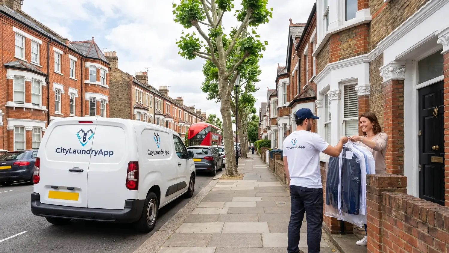 A CityLaundryApp driver handing freshly cleaned garments to a customer beside the branded van on a London street