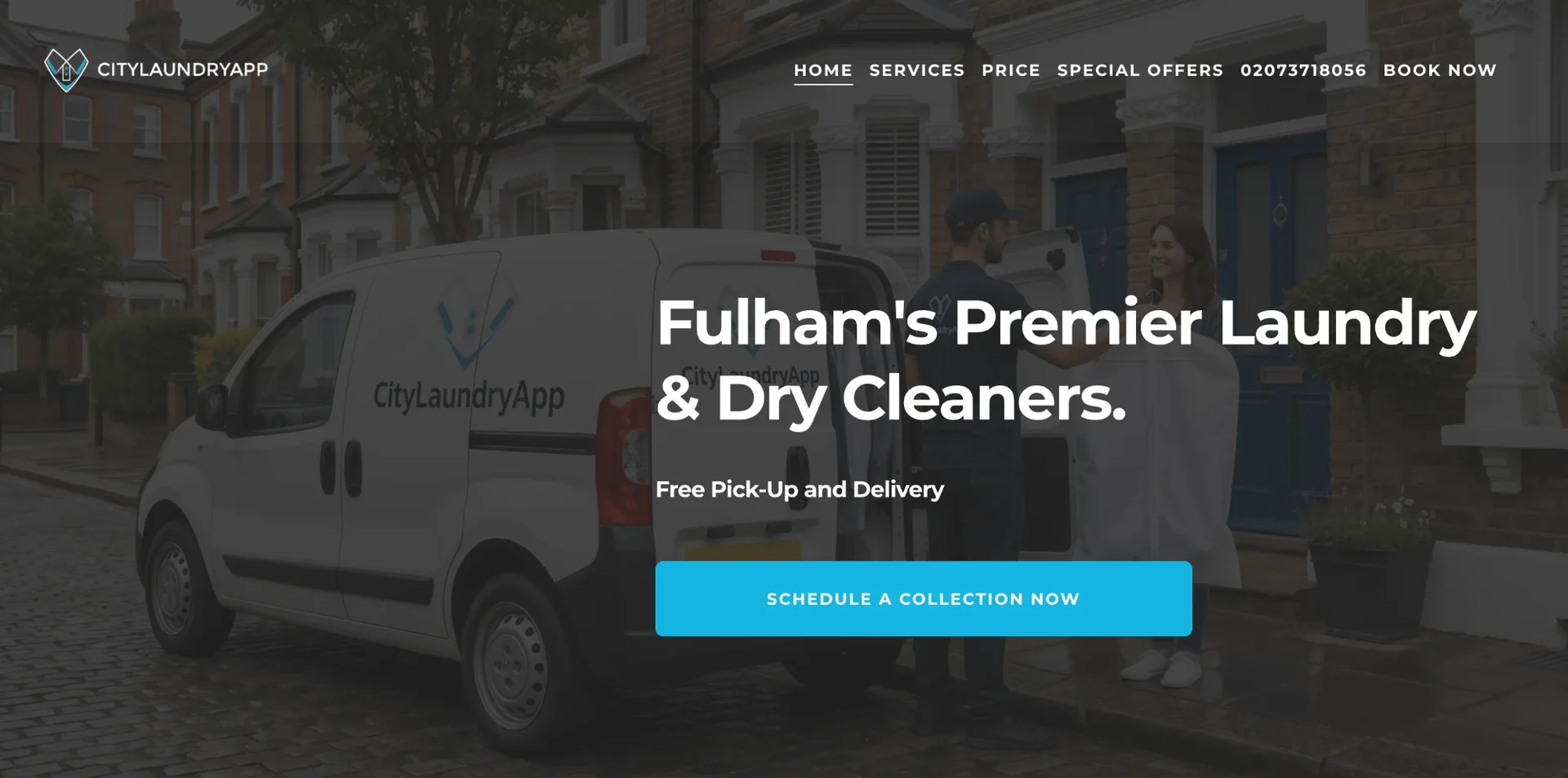 CityLaundryApp, a dry cleaning and laundry website designed on Squarespace by SQSP Agency, showing pick-up and delivery booking