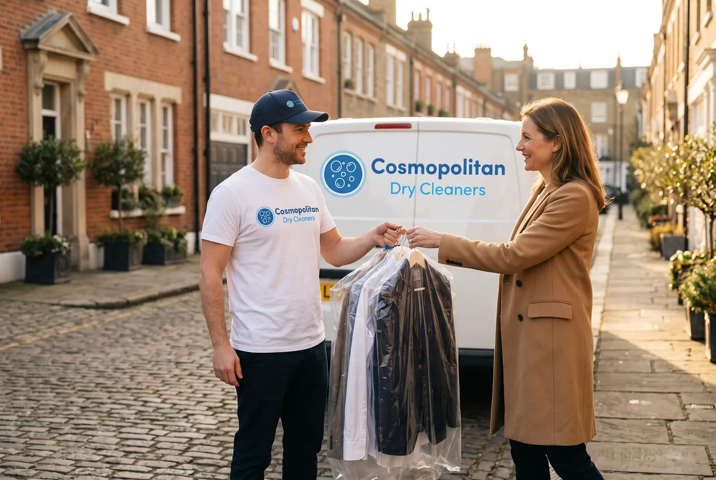Cosmopolitan Dry Cleaners courier handing freshly dry-cleaned garments to a customer on a London street, branded delivery van behind