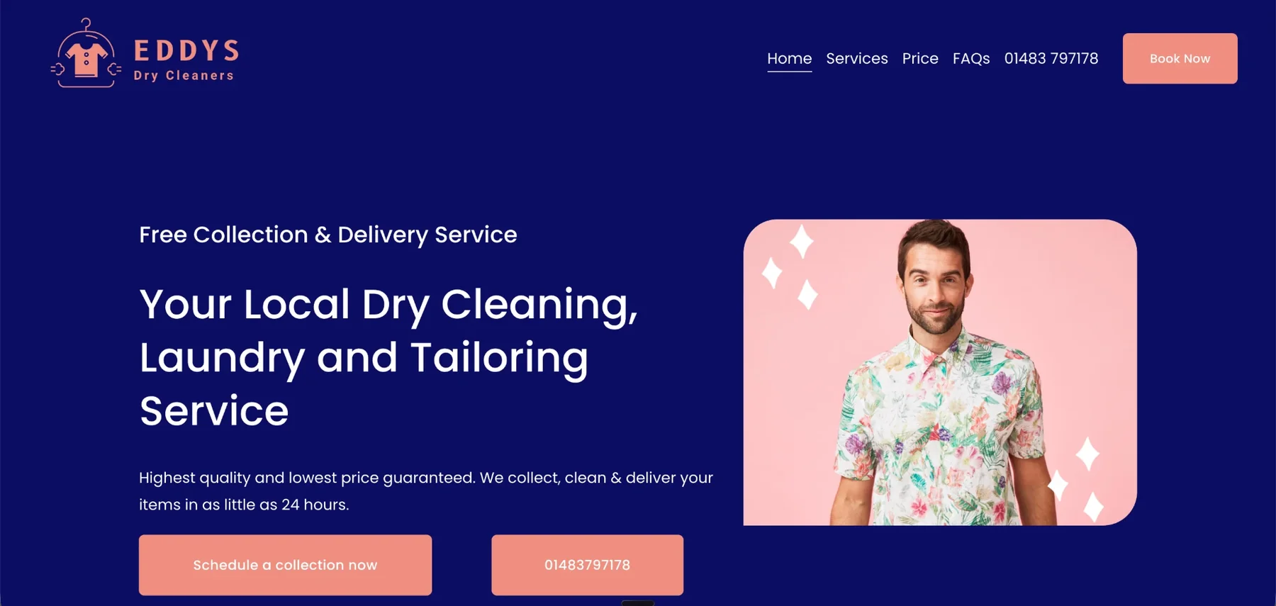 Eddy's Dry Cleaners website homepage — a vibrant navy and coral brand promoting free collection, delivery and tailoring
