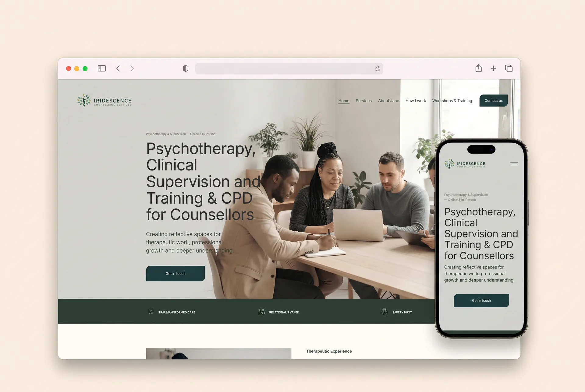 The Iridescence Counselling Services homepage in a browser window with the mobile site on an iPhone beside it &mdash; designed by SQSP Agency