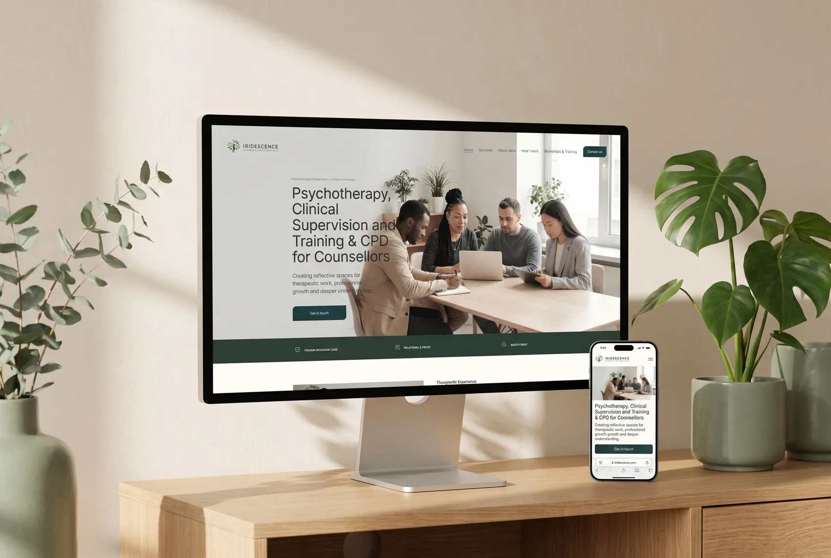 Iridescence Counselling Services — calm cream and green Squarespace website shown on a Studio Display and iPhone