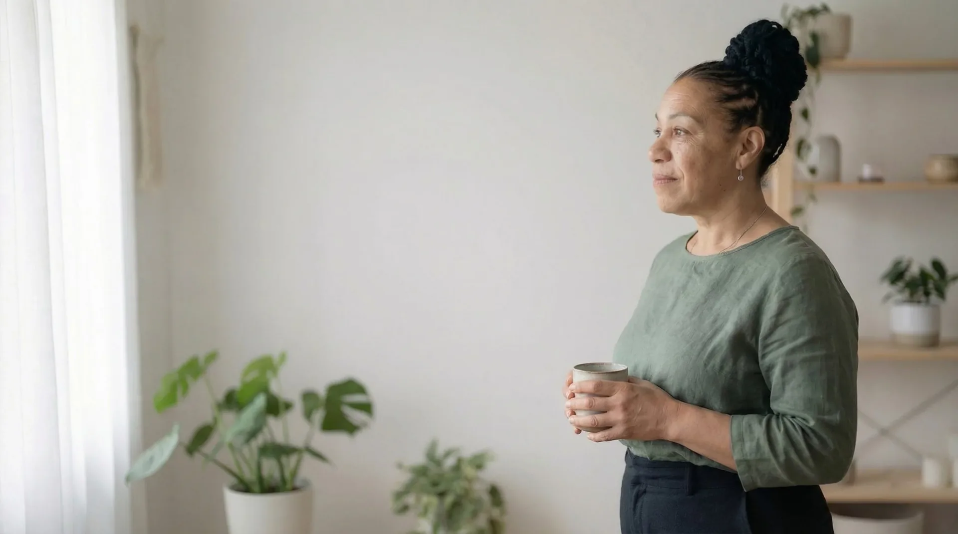 Warm, calming brand photography from the Iridescence Counselling Services website — a practitioner pausing with a cup of tea by a window