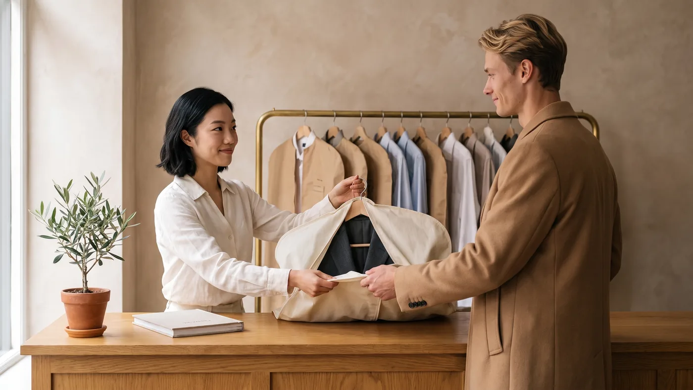 Dry cleaner handing a freshly pressed suit in a cream garment bag to a customer across a warm oak counter