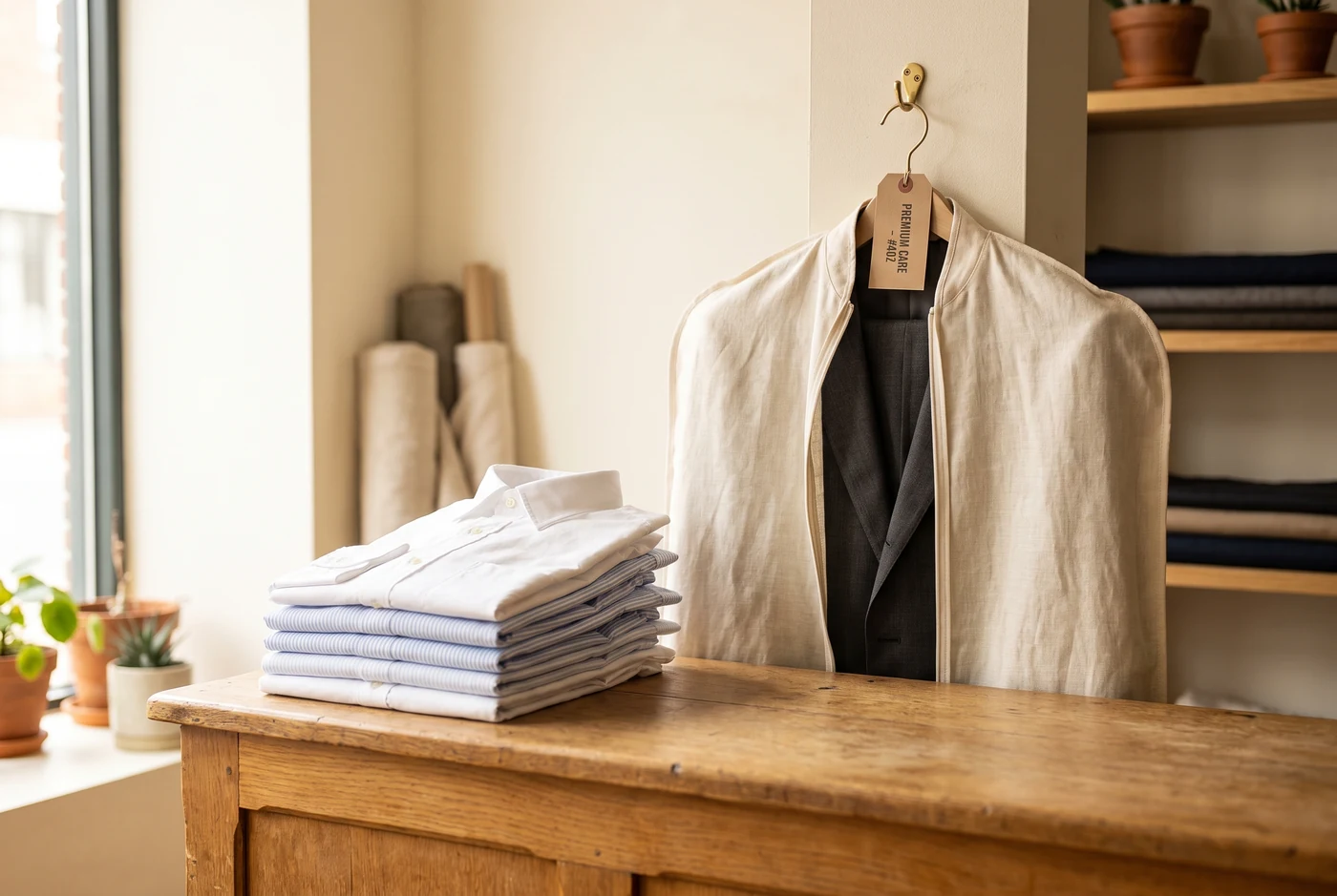 Neatly pressed folded shirts stacked beside a tailored suit in a cream garment bag on a warm oak counter