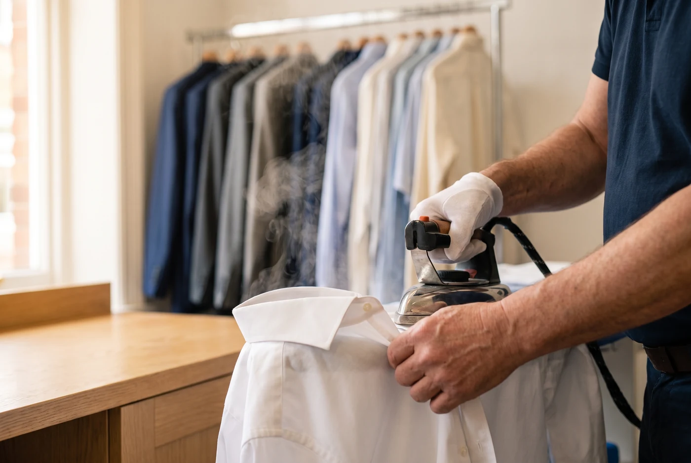 A garment finisher steam-pressing a crisp white dress shirt in a warm dry-cleaning shop, freshly cleaned garments on a rail behind