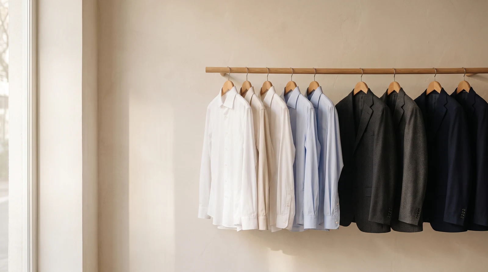 A neat row of freshly pressed shirts and tailored jackets on matching wooden hangers in a calm, warm dry-cleaning shop
